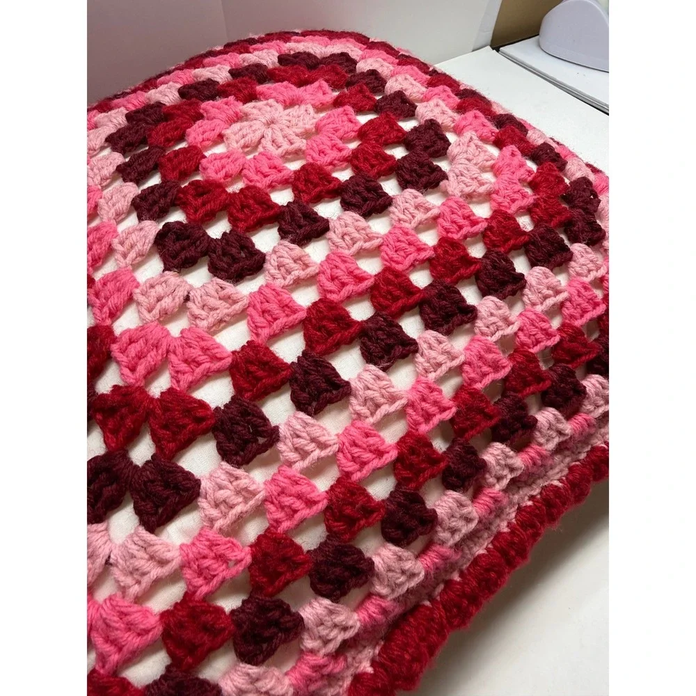 Handmade Crochet Granny Square Throw Pillow Pink Red Burgundy Retro Decorative